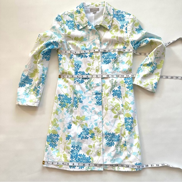 NORDSTROM FLORAL WHITE GREEN BLUE LIGHTWEIGHT KNEE LENGTH TRENCH COAT JACKET Sz6 - Picture 9 of 12